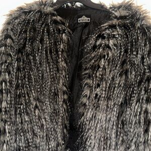 Black, grey, & white faux fur jacket with 3 inside hooks in front